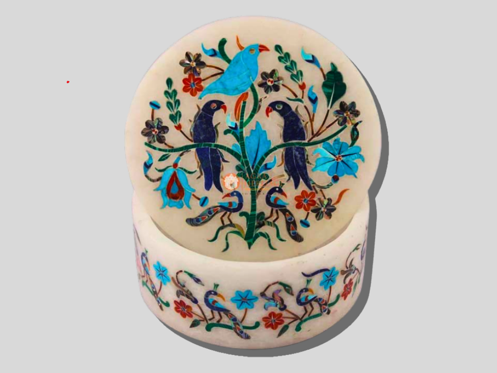 White Marble Peacock Semi Precious Jewelry Box